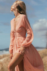 Pink Long Sleeves Midi Dress