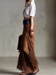 Brown Suede Fringe Maxi Skirt