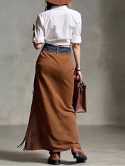 Brown Suede Fringe Maxi Skirt