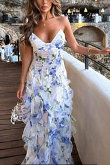 Blue Floral Ruffled Midi Dress