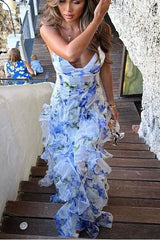 Blue Floral Ruffled Midi Dress