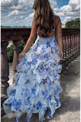 Blue Floral Ruffled Midi Dress