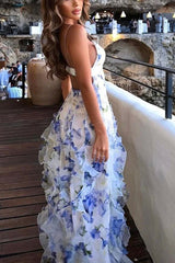 Blue Floral Ruffled Midi Dress