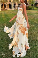Orange Floral Chiffon High Slit Maxi Dress