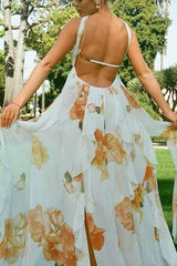 Orange Floral Chiffon High Slit Maxi Dress