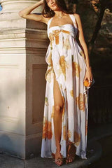 Orange Floral Chiffon High Slit Maxi Dress