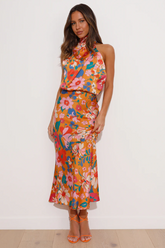 Delicate Floral Satin Sleeveless Midi Dress