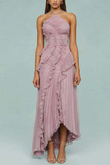 Pink Pleated Ruffle Midi Dress