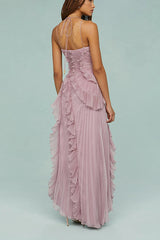 Pink Pleated Ruffle Midi Dress