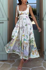 Euro Print Shoulder-Tie Linen Midi Dress