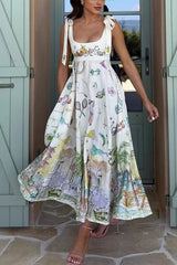 Euro Print Shoulder-Tie Linen Midi Dress