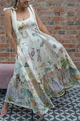 Euro Print Shoulder-Tie Linen Midi Dress