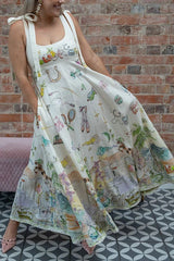 Euro Print Shoulder-Tie Linen Midi Dress