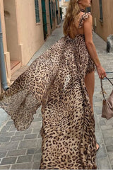 Brown Leopard Print Front-Tie Dress and Shorts Matching Set