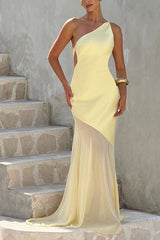 Yellow One-Shoulder Satin Maxi Dress