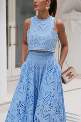 Blue Crochet Lace Tank Top Maxi Skirt Two-Piece Suit