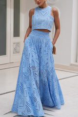 Blue Crochet Lace Tank Top Maxi Skirt Two-Piece Suit