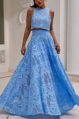 Blue Crochet Lace Tank Top Maxi Skirt Two-Piece Suit