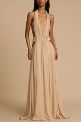 Beige Plunging Halter Neck Maxi Dress