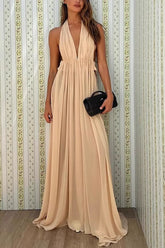 Beige Plunging Halter Neck Maxi Dress