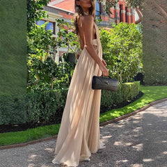 Beige Plunging Halter Neck Maxi Dress