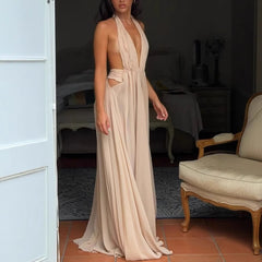 Beige Plunging Halter Neck Maxi Dress