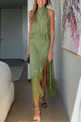 Elegant Muse Olive Satin Top Maxi Skirt Two-Piece Suit