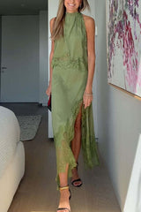 Elegant Muse Olive Satin Top Maxi Skirt Two-Piece Suit