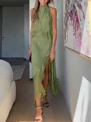 Elegant Muse Olive Satin Top Maxi Skirt Two-Piece Suit