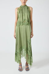 Elegant Muse Olive Satin Top Maxi Skirt Two-Piece Suit