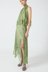 Elegant Muse Olive Satin Top Maxi Skirt Two-Piece Suit