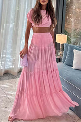Pink Chiffon Tiered Maxi Skirt