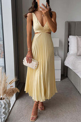 Yellow Pleated Sleeveless Midi Dress