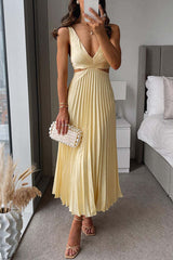 Yellow Pleated Sleeveless Midi Dress