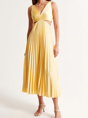 Yellow Pleated Sleeveless Midi Dress