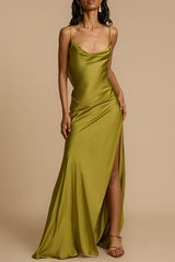 Olive Green Satin Cowl Neck Maxi Dress