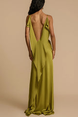 Olive Green Satin Cowl Neck Maxi Dress