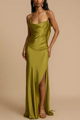 Olive Green Satin Cowl Neck Maxi Dress