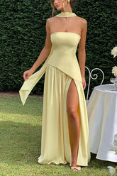 Yellow Strapless High Slit Maxi Dress