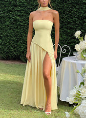 Yellow Strapless High Slit Maxi Dress