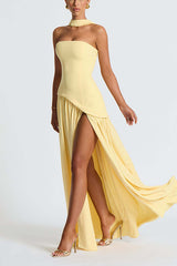 Yellow Strapless High Slit Maxi Dress