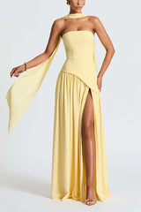 Yellow Strapless High Slit Maxi Dress