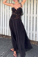 Black Crochet Lace Paneled Slip Maxi Dress