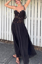 Black Crochet Lace Paneled Slip Maxi Dress