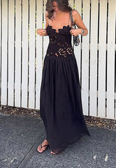 Black Crochet Lace Paneled Slip Maxi Dress