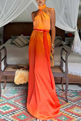 Orange Satin Halter Maxi Dress