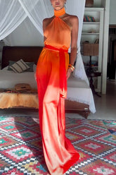 Orange Satin Halter Maxi Dress