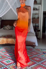 Orange Satin Halter Maxi Dress