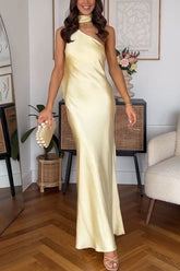 Light Yellow One Shoulder Scarf Satin Midi Dress
