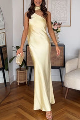 Light Yellow One Shoulder Scarf Satin Midi Dress